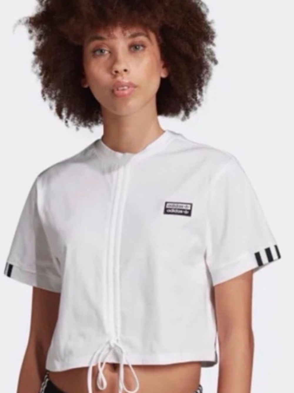Adidas White Cropped Tee Drawstring Hem Logo Top Size S Athleisure